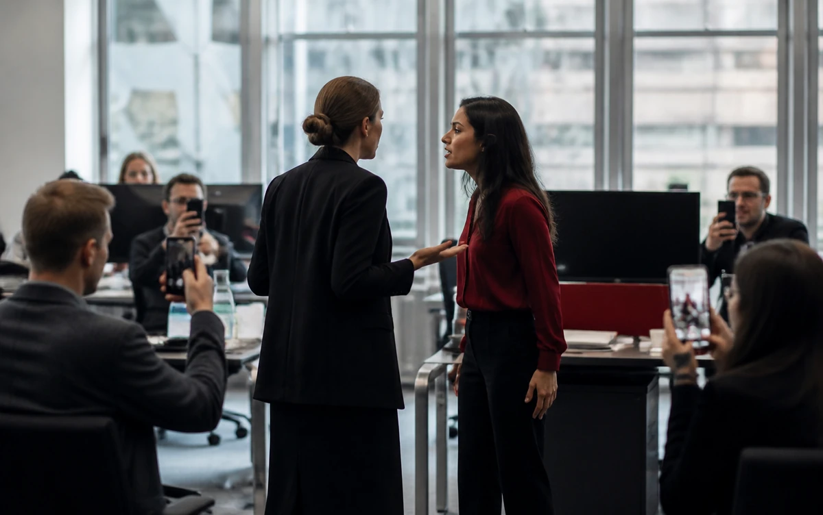 Wenn der Streit im Büro eskaliert: Zwei Kolleginnen, Smartphones überall und niemand greift ein